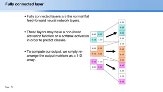 Page  70
Fully connected layer
 Fully connected layers are the normal flat
feed-forward neural network layers.
 These layers may have a non-linear
activation function or a softmax activation
in order to predict classes.
 To compute our output, we simply re-
arrange the output matrices as a 1-D
array.
1.00 0.55
0.55 1.00
0.55 1.00
1.00 0.55
1.00 0.55
0.55 0.55
1.00
0.55
0.55
1.00
1.00
0.55
0.55
0.55
0.55
1.00
1.00
0.55
 