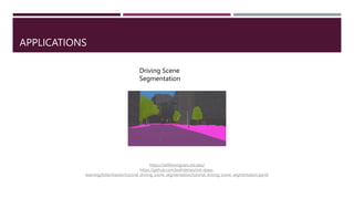 APPLICATIONS
https://selfdrivingcars.mit.edu/
https://github.com/lexfridman/mit-deep-
learning/blob/master/tutorial_driving_scene_segmentation/tutorial_driving_scene_segmentation.ipynb
Driving Scene
Segmentation
 