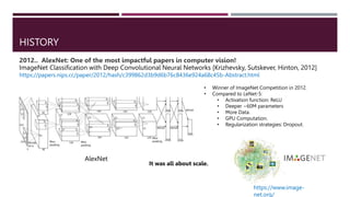 HISTORY
2012.. AlexNet: One of the most impactful papers in computer vision!
ImageNet Classification with Deep Convolutional Neural Networks [Krizhevsky, Sutskever, Hinton, 2012]
https://papers.nips.cc/paper/2012/hash/c399862d3b9d6b76c8436e924a68c45b-Abstract.html
• Winner of ImageNet Competition in 2012.
• Compared to LeNet-5:
• Activation function: ReLU
• Deeper ~60M parameters
• More Data.
• GPU Computation.
• Regularization strategies: Dropout.
AlexNet
It was all about scale.
https://www.image-
net.org/
 