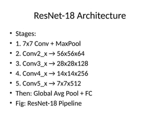 ResNet-18 Architecture
• Stages:
• 1. 7x7 Conv + MaxPool
• 2. Conv2_x → 56x56x64
• 3. Conv3_x → 28x28x128
• 4. Conv4_x → 14x14x256
• 5. Conv5_x → 7x7x512
• Then: Global Avg Pool + FC
• Fig: ResNet-18 Pipeline
 