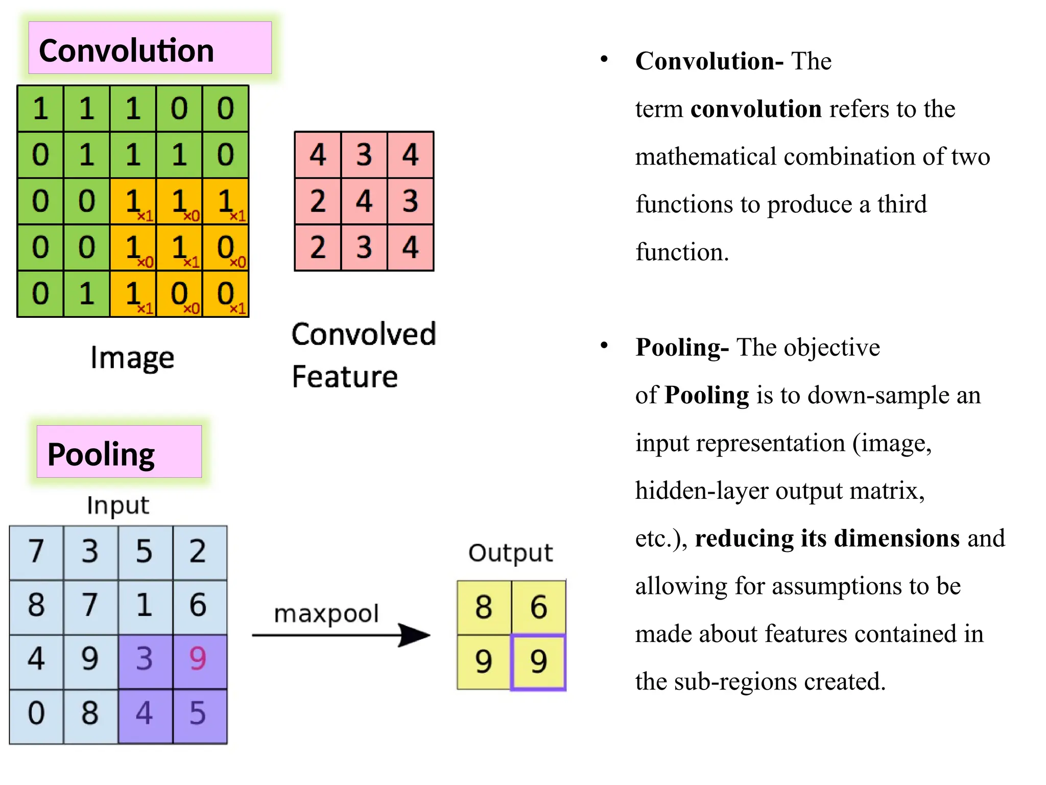 • Convolution- The
term convolution refers to the
mathematical combination of two
functions to produce a third
function.
• Pooling- The objective
of Pooling is to down-sample an
input representation (image,
hidden-layer output matrix,
etc.), reducing its dimensions and
allowing for assumptions to be
made about features contained in
the sub-regions created.
Convolution
Pooling
 