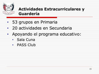 Actividades Extracurriculares y Guardería 53 grupos en Primaria 20 actividades en Secundaria Apoyando el programa educativo: Sala Cuna PASS Club 