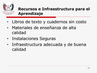 Recursos e Infraestructura para el Aprendizaje   Libros de texto y cuadernos sin costo Materiales de enseñanza de alta calidad Instalaciones Seguras Infraestructura adecuada y de buena calidad 