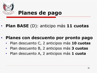 Planes de pago Plan BASE  (D): anticipo m ás   11 cuotas Planes con descuento por pronto pago Plan descuento C, 2 anticipos más  10 cuotas   Plan descuento B, 2 anticipos más  3 cuotas Plan descuento A, 2 anticipos más  1 cuota 