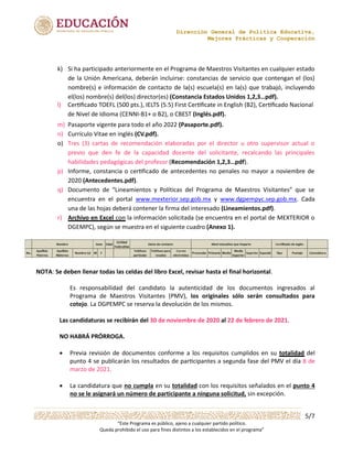 Dirección General de Política Educativa,
Mejores Prácticas y Cooperación
5/7
“Este Programa es público, ajeno a cualquier partido político.
Queda prohibido el uso para fines distintos a los establecidos en el programa”
k) Si ha participado anteriormente en el Programa de Maestros Visitantes en cualquier estado
de la Unión Americana, deberán incluirse: constancias de servicio que contengan el (los)
nombre(s) e información de contacto de la(s) escuela(s) en la(s) que trabajó, incluyendo
el(los) nombre(s) del(los) director(es) (Constancia Estados Unidos 1,2,3…pdf).
www.mexterior.sep.gob.mx y www.dgpempyc.sep.gob.mx. Cada
una de las hojas deberá contener la firma del interesado (Lineamientos.pdf).
NOTA: Se deben llenar todas las celdas del libro Excel, revisar hasta el final horizontal.
Es responsabilidad del candidato la autenticidad de los documentos ingresados al
Programa de Maestros Visitantes (PMV), los originales sólo serán consultados para
cotejo. La DGPEMPC se reserva la devolución de los mismos.
NO HABRÁ PRÓRROGA.

 La candidatura que no cumpla en su totalidad con los requisitos señalados en el punto 4
no se le asignará un número de participante a ninguna solicitud, sin excepción.
l)	 Cer'ﬁcado	TOEFL	(500	pts.),	IELTS	(5.5)	First	Cer'ﬁcate	in	English	(B2),	Cer'ﬁcado	Nacional	
	 de	Nivel	de	Idioma	(CENNI-B1+	o	B2),	o	CBEST	(Inglés.pdf).
m)	 Pasaporte	vigente	para	todo	el	año	2022	(Pasaporte.pdf).
n)	 Currículo	Vitae	en	inglés	(CV.pdf).
p)	 Informe,	constancia	o	cer1ficado	de	antecedentes	no	penales	no	mayor	a	noviembre	de	
	 2020	(Antecedentes.pdf).
q)	 Documento	 de	 “Lineamientos	 y	 Políticas	 del	 Programa	 de	 Maestros	 Visitantes”	 que	 se	
	 encuentra	 en	 el	 portal
r)	 Archivo	en	Excel	con	la	información	solicitada	(se	encuentra	en	el	portal	de	MEXTERIOR	o	
	 DGEMPC),	según	se	muestra	en	el	siguiente	cuadro	(Anexo	1).
	 	 	 	 	 	 	 	 	 	 	 	 	 	 	
Las	candidaturas	se	recibirán	del	30	de	noviembre	de	2020	al	22	de	febrero	de	2021.
Previa	revisión	de	documentos	conforme	a	los	requisitos	cumplidos	en	su	 totalidad	 del	
punto	4	se	publicarán	los	resultados	de	par8cipantes	a	segunda	fase	del	PMV	el	día	8	de	
marzo	de	2021.
o)	 Tres	 (3)	 cartas	 de	 recomendación	 elaboradas	 por	 el	 director	 u	 otro	 supervisor	 actual	 o	
	 previo	 que	 den	 fe	 de	 la	 capacidad	 docente	 del	 solicitante,	 recalcando	 las	 principales	
	 habilidades	pedagógicas	del	profesor	(Recomendación	1,2,3…pdf).
 
