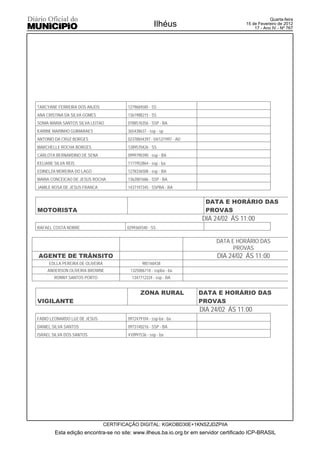 Quarta-feira
                                                       Ilhéus                           15 de Fevereiro de 2012
                                                                                            17 - Ano IV - Nº 767




TARCYANE FERREIRA DOS ANJOS              1279684585 - SS
ANA CRISTINA DA SILVA GOMES              1361988215 - SS
SONIA MARIA SANTOS SILVA LEITAO          0788576356 - SSP - BA
KARINE MARINHO GUIMARAES                 365438637 - ssp - sp
ANTONIO DA CRUZ BORGES                   02378844397 - 04/12/1997 - AD
MARCHELLE ROCHA BORGES                   1289570426 - SS
CARLOTA BERNARDINO DE SENA               0999790390 - ssp - BA
KELIANE SILVA REIS                       1171952864 - ssp - ba
EDINELZA MOREIRA DO LAGO                 1278336508 - ssp - BA
MARIA CONCEICAO DE JESUS ROCHA           1362001686 - SSP - BA
JAMILE ROSA DE JESUS FRANCA              1437197345 - SSPBA - BA


                                                                           DATA E HORÁRIO DAS
MOTORISTA                                                                  PROVAS
                                                                         DIA 24/02 ÁS 11:00
RAFAEL COSTA NOBRE                       0299369340 - SS


                                                                              DATA E HORÁRIO DAS
                                                                                    PROVAS
AGENTE DE TRÂNSITO                                                             DIA 24/02 ÁS 11:00
     EDLLA PEREIRA DE OLIVEIRA                  985160438
    ANDERSON OLIVEIRA BROWNE              1325006718 - sspba - ba
        RONNY SANTOS PORTO                 1347712224 - ssp - BA


                                               ZONA RURAL                DATA E HORÁRIO DAS
VIGILANTE                                                                PROVAS
                                                                         DIA 24/02 ÁS 11:00
FABIO LEONARDO LUZ DE JESUS              0972479104 - ssp-ba - ba
DANIEL SILVA SANTOS                      0973140216 - SSP - BA
ISRAEL SILVA DOS SANTOS                  410997536 - ssp - ba




                                 CERTIFICAÇÃO DIGITAL: KGKOBD30E+1KNSZJDZPIIA
        Esta edição encontra-se no site: www.ilheus.ba.io.org.br em servidor certificado ICP-BRASIL
 