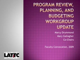Program review, planning, AND budgeting Workgroup Update Marcy Drummond Mary Gallagher Co-Chairs Faculty Convocation, 2009  