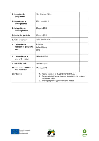 Proyecto financiado por la Unión Europea 
2. Revisión de propuestas 
16 – 19 enero 2015 
3. Entrevistas a invstigadores 
20-21 enero 2015 
4. Selección de investigadores 
22 enero 2015 
5. Inicio del contrato 
23 enero 2015 
6. Primer borrador 
20 de febrero 2015 
7. Comentarios necesarios por parte de: 
El Barzón 
Oxfam México 
GPU 
8. Comentarios al primer borrador 
24 febrero 2015 
9. Borrador final: 
13 marzo 2015 
10. Preparación del PDF final para distribución 
17 marzo 2015 
Distribución 
1. Página oficial de El Barzón ECSN BRICSAM 
2. Grupo de trabajo sobre sistemas alimentarios del proyecto ECSN BRICSAM 
3. Briefing de prensa y presentación a medios 
