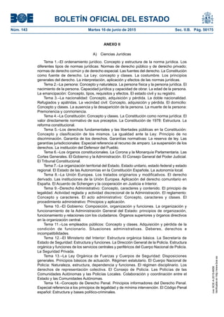 BOLETÍN OFICIAL DEL ESTADO
Núm. 143	 Martes 16 de junio de 2015	 Sec. II.B. Pág. 50175
ANEXO II
A)  Ciencias Jurídicas
Tema 1.–El ordenamiento jurídico. Concepto y estructura de la norma jurídica. Los
diferentes tipos de normas jurídicas: Normas de derecho público y de derecho privado;
normas de derecho común y de derecho especial. Las fuentes del derecho. La Constitución
como fuente de derecho. La Ley: concepto y clases. La costumbre. Los principios
generales del derecho. La interpretación, aplicación y efectos de las normas jurídicas.
Tema 2.–La persona: Concepto y naturaleza. La persona física y la persona jurídica. El
nacimiento de la persona. Capacidad jurídica y capacidad de obrar. La edad de la persona.
La emancipación: Concepto, tipos, requisitos y efectos. El estado civil y su registro.
Tema 3.–La nacionalidad: Concepto, adquisición y pérdida. La doble nacionalidad.
Refugiados y apátridas. La vecindad civil: Concepto, adquisición y pérdida. El domicilio:
Concepto y clases. La ausencia y la desaparición de la persona. La muerte de la persona:
Premoriencia y conmoriencia.
Tema 4.–La Constitución: Concepto y clases. La Constitución como norma jurídica: El
valor directamente normativo de sus preceptos. La Constitución de 1978: Estructura. La
reforma constitucional.
Tema 5.–Los derechos fundamentales y las libertades públicas en la Constitución:
Concepto y clasificación de los mismos. La igualdad ante la Ley: Principio de no
discriminación. Garantía de los derechos. Garantías normativas: La reserva de ley. Las
garantías jurisdiccionales: Especial referencia al recurso de amparo. La suspensión de los
derechos. La institución del Defensor del Pueblo.
Tema 6.–Los órganos constitucionales. La Corona y la Monarquía Parlamentaria. Las
Cortes Generales. El Gobierno y la Administración. El Consejo General del Poder Judicial.
El Tribunal Constitucional.
Tema 7.–La organización territorial del Estado. Estado unitario, estado federal y estado
regional. El Estado de las Autonomías en la Constitución Española. La autonomía local.
Tema 8.–La Unión Europea. Los tratados originarios y modificativos. El derecho
derivado. Las instituciones de la Unión Europea. Aplicación del derecho comunitario en
España. El Acuerdo de Schengen y la cooperación en Justicia e Interior.
Tema 9.–Derecho Administrativo: Concepto, caracteres y contenido. El principio de
legalidad. Actividad reglada y actividad discrecional de la Administración. El reglamento:
Concepto y caracteres. El acto administrativo: Concepto, caracteres y clases. El
procedimiento administrativo: Principios y aplicación.
Tema 10.–El Gobierno: Composición, organización y funciones. La organización y
funcionamiento de la Administración General del Estado: principios de organización,
funcionamiento y relaciones con los ciudadanos. Órganos superiores y órganos directivos
en la organización central.
Tema 11.–Los empleados públicos: Concepto y clases. Adquisición y pérdida de la
condición de funcionario. Situaciones administrativas. Deberes, derechos e
incompatibilidades.
Tema 12.–El Ministerio del Interior: Estructura orgánica básica. La Secretaría de
Estado de Seguridad: Estructura y funciones. La Dirección General de la Policía. Estructura
orgánica y funciones de los servicios centrales y periféricos del Cuerpo Nacional de Policía.
La Seguridad Privada.
Tema 13.–La Ley Orgánica de Fuerzas y Cuerpos de Seguridad: Disposiciones
generales. Principios básicos de actuación. Régimen estatutario. El Cuerpo Nacional de
Policía: Naturaleza, estructura, dependencia y funciones. El régimen disciplinario. Los
derechos de representación colectiva. El Consejo de Policía. Las Policías de las
Comunidades Autónomas y las Policías Locales. Colaboración y coordinación entre el
Estado y las Comunidades Autónomas.
Tema 14.–Concepto de Derecho Penal. Principios informadores del Derecho Penal.
Especial referencia a los principios de legalidad y de mínima intervención. El Código Penal
español: Estructura y bases político-criminales.
cve:BOE-A-2015-6658
Verificableenhttp://www.boe.es
 