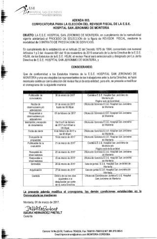 ADENDA 003 - Convocatoria para la elección del revisor Fiscal de la E.S.E Hospital San Jerónimo de Montería
