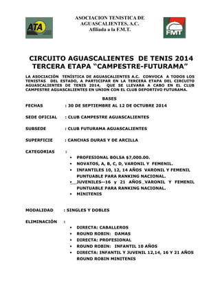 ASOCIACION TENISTICA DE 
AGUASCALIENTES, A.C. 
Afiliada a la F.M.T. 
CIRCUITO AGUASCALIENTES DE TENIS 2014 
TERCERA ETAPA ...