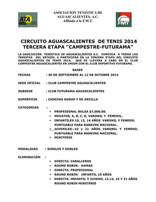 ASOCIACION TENISTICA DE 
AGUASCALIENTES, A.C. 
Afiliada a la F.M.T. 
CIRCUITO AGUASCALIENTES DE TENIS 2014 
TERCERA ETAPA “CAMPESTRE-FUTURAMA” 
LA ASOCIACIÓN TENÍSTICA DE AGUASCALIENTES A.C. CONVOCA A TODOS LOS 
TENISTAS DEL ESTADO, A PARTICIPAR EN LA TERCERA ETAPA DEL CIRCUITO 
AGUASCALIENTES DE TENIS 2014, QUE SE LLEVARA A CABO EN EL CLUB 
CAMPESTRE AGUASCALIENTES EN UNION CON EL CLUB DEPORTIVO FUTURAMA. 
BASES 
FECHAS : 30 DE SEPTIEMBRE AL 12 DE OCTUBRE 2014 
SEDE OFICIAL : CLUB CAMPESTRE AGUASCALIENTES 
SUBSEDE : CLUB FUTURAMA AGUASCALIENTES 
SUPERFICIE : CANCHAS DURAS Y DE ARCILLA 
CATEGORIAS : 
 PROFESIONAL BOLSA $7,000.00. 
 NOVATOS, A, B, C, D, VARONIL Y FEMENIL. 
 INFANTILES 10, 12, 14 AÑOS VARONIL Y FEMENIL 
PUNTUABLE PARA RANKING NACIONAL. 
 JUVENILES--16 y 21 AÑOS VARONIL Y FEMENIL 
PUNTUABLE PARA RANKING NACIONAL. 
 MINITENIS 
MODALIDAD : SINGLES Y DOBLES 
ELIMINACIÓN : 
 DIRECTA: CABALLEROS 
 ROUND ROBIN: DAMAS 
 DIRECTA: PROFESIONAL 
 ROUND ROBIN: INFANTIL 10 AÑOS 
 DIRECTA: INFANTIL Y JUVENIL 12,14, 16 Y 21 AÑOS 
ROUND ROBIN MINITENIS 
 