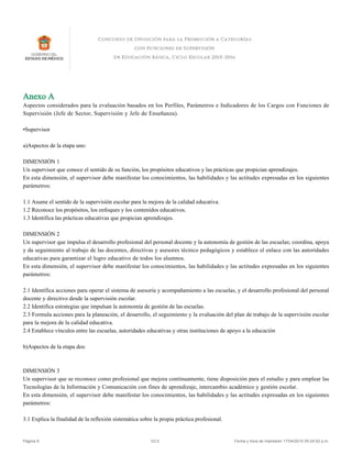 Anexo A
Aspectos considerados para la evaluación basados en los Perfiles, Parámetros e Indicadores de los Cargos con Funciones de
Supervisión (Jefe de Sector, Supervisión y Jefe de Enseñanza).
•Supervisor
a)Aspectos de la etapa uno:
DIMENSIÓN 1
Un supervisor que conoce el sentido de su función, los propósitos educativos y las prácticas que propician aprendizajes.
En esta dimensión, el supervisor debe manifestar los conocimientos, las habilidades y las actitudes expresadas en los siguientes
parámetros:
1.1 Asume el sentido de la supervisión escolar para la mejora de la calidad educativa.
1.2 Reconoce los propósitos, los enfoques y los contenidos educativos.
1.3 Identifica las prácticas educativas que propician aprendizajes.
DIMENSIÓN 2
Un supervisor que impulsa el desarrollo profesional del personal docente y la autonomía de gestión de las escuelas; coordina, apoya
y da seguimiento al trabajo de las docentes, directivas y asesores técnico pedagógicos y establece el enlace con las autoridades
educativas para garantizar el logro educativo de todos los alumnos.
En esta dimensión, el supervisor debe manifestar los conocimientos, las habilidades y las actitudes expresadas en los siguientes
parámetros:
2.1 Identifica acciones para operar el sistema de asesoría y acompañamiento a las escuelas, y el desarrollo profesional del personal
docente y directivo desde la supervisión escolar.
2.2 Identifica estrategias que impulsan la autonomía de gestión de las escuelas.
2.3 Formula acciones para la planeación, el desarrollo, el seguimiento y la evaluación del plan de trabajo de la supervisión escolar
para la mejora de la calidad educativa.
2.4 Establece vínculos entre las escuelas, autoridades educativas y otras instituciones de apoyo a la educación
b)Aspectos de la etapa dos:
DIMENSIÓN 3
Un supervisor que se reconoce como profesional que mejora continuamente, tiene disposición para el estudio y para emplear las
Tecnologías de la Información y Comunicación con fines de aprendizaje, intercambio académico y gestión escolar.
En esta dimensión, el supervisor debe manifestar los conocimientos, las habilidades y las actitudes expresadas en los siguientes
parámetros:
3.1 Explica la finalidad de la reflexión sistemática sobre la propia práctica profesional.
Página 9 V2.0 Fecha y hora de impresión 17/04/2015 05:24:52 p.m.
 
