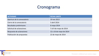 Cronograma
ACTIVIDAD

FECHA LIMITE

Apertura de la convocatoria

19 nov 2013

Cierre de la convocatoria

3 abril 2014

Resultados preliminares

6 mayo 2014

Solicitud de aclaraciones

7 al 9 de mayo de 2014

Respuesta de aclaraciones

12 a 16 de mayo de 2014

Publicación de propuestas

22 de mayo de 2014

Documento confidencial para nuestros amigos

 