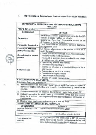 2. Especialista en Supervisión Instituciones Educativas Privadas
ESPECIALISTA EN SUPERVISIÓN INSTITUCIONES EDUCATIVAS
PRNADAS
PERFIL DEL PUESTO:
REQUISITOS DETALLE
Experiencia General: Experiencia mínima de dos (02)
Experiencia : anos en el Sector Público y/o privado.
• Experiencia Especifica: Experiencia mlnrna de un
(01} año en el Sector Público.
Formación Académica Titulo Profesional en Educación, Derecho, Economía
vio lnaeníeria Civil.
Cursos y/o Estudios En Temas ·efacionados a la gestión pública en el
de Esoecialízación sector Educación.
- Sobre normatividad técnica, legal, reconocimiento y
Conocimientos para el funciona-niento de IIEE privadas.
puesto - Respecto al proceso de supervisión técnica y legal
a Instituciones educativas.
- Operación y anális's de sistemas
- Orientación hacia el logro
- ln:erés por el orden y la claridad Búsqueda de la
Competencias ínformac.ón
- Orientación de servicio al usuario
- Conocimiento organizacional
- Cons'ruccíón de relaciones
- Trabaio en ecuíoo y coooeracíón
CARACTERISTICAS DEL PUESTO:
Principales funciones a desarrollar:�
a) Realizar acciones de monitoreo y supervisión a las IIEE pr]vadas en aspectos
técnicos y legales referidos a la creación, funcionamiento y cierre de las
mismas.
b) Elaborar informes de las acciones de monitoreo y supervisión a las 11.EE.
c) Elaborar proyectos de resoluciones y documentos varios que disponga el
titular de la entidad para implementar las recomendaciones contenidas en
los informes.
-d) Realizar otras funciones que le encargue el Jefe del Área.
CONDICIONES ES.CENCIALES DEL CONTRATO
CONDICIONES DETALLE
�uga_r �e Prestación def ! Unidad de Gestión Educativa Local
Duración del Contrato: tnido: 17 de junio del 20lb Termino: 17 de setiembre del 2016
-
Contraprestación SI. 2,600.00 (Dos mil seiscientos y 00/100 nuevos
Mensual soles) incluyen :os montos y afiliaciones de ley, asl
como toda deducción aolicable al trabaiador.
 