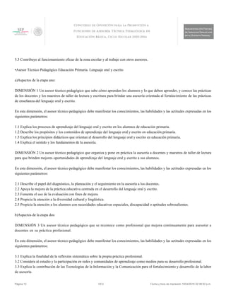 5.3 Contribuye al funcionamiento eficaz de la zona escolar y al trabajo con otros asesores.
•Asesor Técnico Pedagógico Educación Primaria. Lenguaje oral y escrito
a)Aspectos de la etapa uno:
DIMENSIÓN 1 Un asesor técnico pedagógico que sabe cómo aprenden los alumnos y lo que deben aprender, y conoce las prácticas
de los docentes y los maestros de taller de lectura y escritura para brindar una asesoría orientada al fortalecimiento de las prácticas
de enseñanza del lenguaje oral y escrito.
En esta dimensión, el asesor técnico pedagógico debe manifestar los conocimientos, las habilidades y las actitudes expresadas en los
siguientes parámetros:
1.1 Explica los procesos de aprendizaje del lenguaje oral y escrito en los alumnos de educación primaria.
1.2 Describe los propósitos y los contenidos de aprendizaje del lenguaje oral y escrito en educación primaria.
1.3 Explica los principios didácticos que orientan el desarrollo del lenguaje oral y escrito en educación primaria.
1.4 Explica el sentido y los fundamentos de la asesoría.
DIMENSIÓN 2 Un asesor técnico pedagógico que organiza y pone en práctica la asesoría a docentes y maestros de taller de lectura
para que brinden mejores oportunidades de aprendizaje del lenguaje oral y escrito a sus alumnos.
En esta dimensión, el asesor técnico pedagógico debe manifestar los conocimientos, las habilidades y las actitudes expresadas en los
siguientes parámetros:
2.1 Describe el papel del diagnóstico, la planeación y el seguimiento en la asesoría a los docentes.
2.2 Apoya la mejora de la práctica educativa centrada en el desarrollo del lenguaje oral y escrito.
2.3 Fomenta el uso de la evaluación con fines de mejora.
2.4 Propicia la atención a la diversidad cultural y lingüística.
2.5 Propicia la atención a los alumnos con necesidades educativas especiales, discapacidad o aptitudes sobresalientes.
b)Aspectos de la etapa dos:
DIMENSIÓN 3 Un asesor técnico pedagógico que se reconoce como profesional que mejora continuamente para asesorar a
docentes en su práctica profesional.
En esta dimensión, el asesor técnico pedagógico debe manifestar los conocimientos, las habilidades y las actitudes expresadas en los
siguientes parámetros:
3.1 Explica la finalidad de la reflexión sistemática sobre la propia práctica profesional.
3.2 Considera al estudio y la participación en redes y comunidades de aprendizaje como medios para su desarrollo profesional.
3.3 Explica la contribución de las Tecnologías de la Información y la Comunicación para el fortalecimiento y desarrollo de la labor
de asesoría.
Página 13 V2.0 Fecha y hora de impresión 19/04/2015 02:38:52 p.m.
 