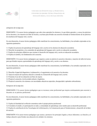 a)Aspectos de la etapa uno:
DIMENSIÓN 1 Un asesor técnico pedagógico que sabe cómo aprenden los alumnos y lo que deben aprender, y conoce las prácticas
de los docentes y los maestros de taller de lectura y escritura para brindar una asesoría orientada al fortalecimiento de las prácticas
de enseñanza del lenguaje oral y escrito.
En esta dimensión, el asesor técnico pedagógico debe manifestar los conocimientos, las habilidades y las actitudes expresadas en los
siguientes parámetros:
1.1 Explica los procesos de aprendizaje del lenguaje oral y escrito en los alumnos de educación secundaria.
1.2 Describe los propósitos y los contenidos de aprendizaje del lenguaje oral y escrito en educación secundaria.
1.3 Explica los principios didácticos que orientan el desarrollo del lenguaje oral y escrito en educación secundaria.
1.4 Explica el sentido y los fundamentos de la asesoría.
DIMENSIÓN 2 Un asesor técnico pedagógico que organiza y pone en práctica la asesoría a docentes y maestros de taller de lectura
para que brinden mejores oportunidades de aprendizaje del lenguaje oral y escrito a sus alumnos.
En esta dimensión, el asesor técnico pedagógico debe manifestar los conocimientos, las habilidades y las actitudes expresadas en los
siguientes parámetros:
2.1 Describe el papel del diagnóstico, la planeación y el seguimiento en la asesoría a los docentes.
2.2 Apoya la mejora de la práctica educativa centrada en el desarrollo del lenguaje oral y escrito.
2.3 Fomenta el uso de la evaluación con fines de mejora.
2.4 Propicia la atención a la diversidad cultural y lingüística.
2.5 Propicia la atención a los alumnos con necesidades educativas especiales, discapacidad o aptitudes sobresalientes.
b)Aspectos de la etapa dos:
DIMENSIÓN 3 Un asesor técnico pedagógico que se reconoce como profesional que mejora continuamente para asesorar a
docentes en su práctica profesional.
En esta dimensión, el asesor técnico pedagógico debe manifestar los conocimientos, las habilidades y las actitudes expresadas en los
siguientes parámetros:
3.1 Explica la finalidad de la reflexión sistemática sobre la propia práctica profesional.
3.2 Considera el estudio y la participación en redes y comunidades de aprendizaje como medios para su desarrollo profesional.
3.3 Explica la contribución de las Tecnologías de la Información y la Comunicación para el fortalecimiento y desarrollo de la labor
de asesoría.
DIMENSIÓN 4 Un asesor técnico pedagógico que asume y promueve los principios legales y éticos inherentes a su función y al
trabajo educativo para brindar una educación de calidad a los alumnos.
Página 16 V2.0 Fecha y hora de impresión 19/04/2015 02:38:52 p.m.
 