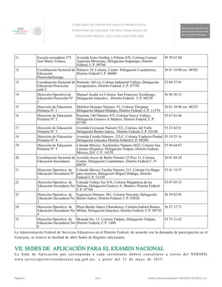 La Administración Federal de Servicios Educativos en el Distrito Federal, de acuerdo con la demanda de participación en el
Concurso, se reserva la facultad de abrir Sedes de Registro adicionales.
VII. SEDES DE APLICACIÓN PARA EL EXAMEN NACIONAL
La Sede de Aplicación que corresponda a cada sustentante deberá consultarse a través del SNRSPD,
www.servicioprofesionaldocente.sep.gob.mx, a partir del 31 de mayo de 2015.
11 Escuela secundaria 275
José María Velasco
Avenida Jesús Garibay y Palmas S/N, Colonia,Consejo
Agrarista Mexicano, Delegación Iztapalapa, Distrito
Federal, C.P. 09760
58 59 63 80
12 Coordinación Sectorial de
Educación
PreescolarIzazaga
Número 29, Colonia, Centro Delegación Cuauhtémoc,
Distrito Federal C.P. 06080
36 01 10 00 ext. 48382
13 Coordinación Sectorial de
Educación Preescolar
sede 2
Poniente 140 s/n, Colonia Industrial Vallejo, Delegación
Azcapotzalco, Distrito Federal, C.P. 07750
53 68 37 01
14 Dirección Operativa de
Educación Preescolar N°
5
Manuel Acuña s/n Colonia San Francisco Xicaltongo,
Delegación Iztacalco, , Distrito Federal, C.P. 08230
56 96 30 15
15 Dirección de Educación
Primaria N° 1
Melchor Ocampo Número. 91, Colonia Tlaxpana
Delegación Miguel Hidalgo, Distrito Federal, C.P. 11370
36 01 10 00 ext. 48225
16 Dirección de Educación
Primaria N° 2
Poniente 140 Número 475, Colonia Nueva Vallejo,
Delegación Gustavo A Madero, Distrito Federal, C.P.
07750
55 67 83 46
17 Dirección de Educación
Primaria N° 3
Avenida Coyoacán Número 521, Colonia. del Valle
Delegación Benito Juárez, Distrito Federal, C.P. 03100
55 23 42 61
18 Dirección de Educación
Primaria N° 4
Avenida Coruña Número. 325-C, Colonia Viaducto Piedad
Delegación Iztacalco Distrito Federal C.P. 08200
55 19 25 16
19 Dirección de Educación
Primaria N° 5
Calzada México- Xochimilco Número 4832, Colonia San
Lorenzo Huipulco, Delegación Tlalpan, Distrito Federal,
México, D.F. C.P. 14370
55 94 64 07
20 Coordinación Sectorial de
Educación Secundaria
Avenida Arcos de Belén Número 23 Piso 11, Colonia
Centro, Delegación Cuauhtémoc, Distrito Federal C. P.
06070
36 01 84 20
21 Dirección Operativa de
Educación Secundaria N°
1
Calzada México Tacuba Número 215, Colonia Un Hogar
para nosotros, Delegación Miguel Hidalgo, Distrito
Federal C.P. 11330
53 41 19 37
22 Dirección Operativa de
Educación Secundaria No
2
Calzada Vallejo Sur S/N, Colonia Magdalena de las
Salinas, Delegación Gustavo A. Madero, Distrito Federal
C.P. 07760
55 87 69 33
23 Dirección Operativa de
Educación Secundaria No
3
Esperanza Número. 861, Colonia Narvarte, Delegación
Benito Juárez, Distrito Federal, C.P. 03020,
56 39 82 03
24 Dirección Operativa de
Educación Secundaria No
4
Plaza Benito Juárez Churubusco, Colonia Gabriel Ramos
Millán, Delegación Iztacalco, Distrito Federal, C.P. 08730
56 57 12 71
25 Dirección Operativa de
Educación Secundaria No
6
Moneda No. 13, Colonia Tlalpan, Delegación Tlalpan,
Distrito Federal, C.P. 1400
55 73 21 62
Página 5 V2.0 Fecha y hora de impresión 19/04/2015 02:38:52 p.m.
 