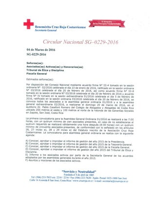 Convocatoria Asamblea Cruz Roja Costarricense marzo 2016