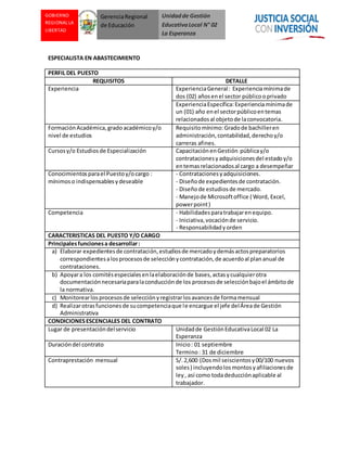Unidadde Gestión
EducativaLocal N° 02
La Esperanza
GOBIERNO
REGIONAL LA
LIBERTAD
GerenciaRegional
de Educación
ESPECIALISTA EN ABASTECIMIENTO
PERFIL DEL PUESTO
REQUISITOS DETALLE
Experiencia ExperienciaGeneral: Experienciamínimade
dos (02) añosenel sector públicooprivado
ExperienciaEspecífica:Experienciamínimade
un (01) año enel sectorpúblicoentemas
relacionadosal objetode laconvocatoria.
FormaciónAcadémica,grado académicoy/o
nivel de estudios
Requisitomínimo:Gradode bachilleren
administración,contabilidad,derechoy/o
carreras afines.
Cursosy/o Estudiosde Especialización CapacitaciónenGestión públicay/o
contratacionesyadquisicionesdel estadoy/o
entemasrelacionadosal cargo a desempeñar
Conocimientosparael Puestoy/ocargo :
mínimoso indispensablesydeseable
- Contratacionesyadquisiciones.
- Diseñode expedientesde contratación.
- Diseñode estudiosde mercado.
- Manejode Microsoftoffice ( Word, Excel,
powerpoint)
Competencia - Habilidadesparatrabajarenequipo.
- Iniciativa,vocaciónde servicio.
- Responsabilidadyorden
CARACTERISTICAS DEL PUESTO Y/O CARGO
Principalesfuncionesa desarrollar:
a) Elaborar expedientesde contratación,estudiosde mercadoydemásactospreparatorios
correspondientesalosprocesosde selecciónycontratación,de acuerdoal plananual de
contrataciones.
b) Apoyara los comitésespecialesenlaelaboraciónde bases, actasycualquierotra
documentaciónnecesariaparalaconducciónde los procesosde selecciónbajoel ámbitode
la normativa.
c) Monitorearlosprocesosde selecciónyregistrarlosavancesde formamensual
d) Realizarotrasfuncionesde sucompetenciaque le encargue el jefe delÁreade Gestión
Administrativa
CONDICIONESESCENCIALES DEL CONTRATO
Lugar de presentacióndelservicio Unidadde GestiónEducativaLocal 02 La
Esperanza
Duracióndel contrato Inicio: 01 septiembre
Termino: 31 de diciembre
Contraprestación mensual S/.2,600 (Dosmil seiscientosy00/100 nuevos
soles) incluyendolosmontosyafiliacionesde
ley, así como todadeducciónaplicable al
trabajador.
 