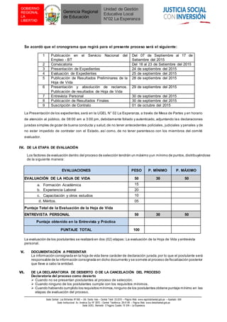 Sede Central: Los Brillantes Nº 650 – Urb. Santa Inés – Central Telef. 23-3310 – Página Web: www.regiónlalibertad.gob.pe – Apartado 659
Sede Institucional: Av. América Sur Nº 2870 – Central Telefónica: 28-41-99 – Página Web: www.drelalibertad.gob.pe
Sede UGEL: Bernardo O´higgins Cuadra 19 S/N – La Esperanza
GOBIERNO
REGIONAL
LA
LIBERTAD
Gerencia Regional
de Educación
Unidad de Gestión
Educativa Local
N°02 La Esperanza
Se acordó que el cronograma que regirá para el presente proceso será el siguiente:
1 Publicación en el Servicio Nacional del
Empleo - BT
Del 07 de Septiembre al 17 de
Setiembre del 2015
2 Convocatoria Del 18 al 23 de Setiembre del 2015
3 Presentación de Expedientes 24 de septiembre del 2015
4 Evaluación de Expedientes 25 de septiembre del 2015
5 Publicación de Resultados Preliminares de la
Hoja de Vida
28 de septiembre del 2015
6 Presentación y absolución de reclamos.
Publicación de resultados de Hoja de Vida
29 de septiembre del 2015
7 Entrevista Personal 30 de septiembre del 2015
8 Publicación de Resultados Finales 30 de septiembre del 2015
9 Suscripción de Contrato 01 de octubre del 2015
La Presentación de los expedientes,será en la UGEL N° 02 La Esperanza, a través de Mesa de Partes y en horario
de atención al público, de 08:00 am a 3:00 pm, debidamente foliado y autenticado, adjuntando las declaraciones
juradas simples de gozar de buena conducta y salud,de no tener antecedentes policiales, judiciales y penales y de
no estar impedido de contratar con el Estado, así como, de no tener parentesco con los miembros del comité
evaluador.
IV. DE LA ETAPA DE EVALUACIÓN
Los factores de evaluación dentro del proceso de selección tendrán un máximo yun mínimo de puntos, distribuyéndose
de la siguiente manera:
EVALUACIONES PESO P. MÍNIMO P. MÁXIMO
EVALUACIÓN DE LA HOJA DE VIDA 50 30 50
a. Formación Académica 15
b. Experiencia Laboral 20
c. Capacitación y otros estudios 10
d. Méritos. 05
Puntaje Total de la Evaluación de la Hoja de Vida
ENTREVISTA PERSONAL 50 30 50
Puntaje obtenido en la Entrevista y Práctica
PUNTAJE TOTAL 100
La evaluación de los postulantes se realizará en dos (02) etapas: La evaluación de la Hoja de Vida y entrevista
personal.
V. DOCUMENTACIÓN A PRESENTAR
La información consignada en la hoja de vida tiene carácter de declaración jurada,por lo que el postulante será
responsable de la información consignada en dicho documento y se somete al proceso de fiscalización posterior
que lleve a cabo la entidad.
VI. DE LA DECLARATORIA DE DESIERTO O DE LA CANCELACIÓN DEL PROCESO
Declaratoria del proceso como desierto
 Cuando no se presentan postulantes al proceso de selección.
 Cuando ninguno de los postulantes cumple con los requisitos mínimos.
 Cuando habiendo cumplido los requisitos mínimos,ninguno de los postulantes obtiene puntaje mínimo en las
etapas de evaluación del proceso.
 