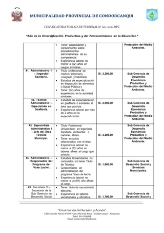 CONVOCATORIAPÚBLICADE PERSONAL N°001-2016-MPC
“Año de la Diversificación Productiva y del Fortalecimiento de la Educación”
“UnaGestión deDecisión yAcción”
Calle Gonzalo PuertaNº100 - SantaMaríadeNieva – Condorcanqui – Amazonas
Telef. 041-816804
Email: municondor@yahoo.es
 Tener capacitación y
conocimiento sobre
procedimientos
administrativos de su
competencia.
 Experiencia laboral no
menor a (02) años en
cargos similares.
Protección del Medio
Ambiente.
41. Administrativo II
- Inspector
Sanitario.
 Título profesional de
médico veterinario,
colegiado y habilitado
 Estudios de especialización
en Inspección de alimentos
o Salud Pública y
 Tener (02) años de
experiencia en la actividad
similares.
S/. 3,200.00 Sub Gerencia de
Desarrollo
Económico
Productivo y
Protección del Medio
Ambiente.
42. Técnico
Administrativo I.
Especialista en
Gasfitería.
 Estudios de especialización
en gasfitería o similares al
área que postula.
 Experiencia laboral por más
de 2 años en la
especialización.
S/. 2,000.00 Sub Gerencia de
Desarrollo
Económico
Productivo y
Protección del Medio
Ambiente.
43. Especialista
Administrativo I
– Jefe del Área
Técnica
Municipal.
 Título Profesional
Universitario en Ingeniería
Sanitaria, Ambiental o
carreras afines.
 Tener estudios
relacionados con el área.
 Experiencia laboral no
menor a (03) años en
labores afines al cargo que
postula.
S/. 3,200.00
Sub Gerencia de
Desarrollo
Económico
Productivo y
Protección del Medio
Ambiente.
44. Administrativo I.
Responsable del
Programa del
Vaso Leche.
 Estudios Universitarios no
concluidos y/o tener Título
de Técnico.
 Conocimiento en
administración del
programa Vaso de leche.
 Experiencia laboral no
menor a un (01) año afines
al cargo.
S/. 1,800.00
Sub Gerencia de
Desarrollo Social y
Servicios
Municipales.
45. Secretaria II –
Secretaría de la
Sub Gerencia de
Desarrollo Social
 Tener título de secretariado
ejecutivo.
 Experiencia en labores
secretariales y ofimática. S/. 1,700.00
Sub Gerencia de
Desarrollo Social y
 