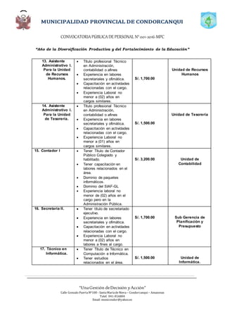 CONVOCATORIAPÚBLICADE PERSONAL N°001-2016-MPC
“Año de la Diversificación Productiva y del Fortalecimiento de la Educación”
“UnaGestión deDecisión yAcción”
Calle Gonzalo PuertaNº100 - SantaMaríadeNieva – Condorcanqui – Amazonas
Telef. 041-816804
Email: municondor@yahoo.es
13. Asistente
Administrativo I.
Para la Unidad
de Recursos
Humanos.
 Título profesional Técnico
en Administración,
contabilidad o afines
 Experiencia en labores
secretariales y ofimática.
 Capacitación en actividades
relacionadas con el cargo.
 Experiencia Laboral no
menor a (02) años en
cargos similares.
S/. 1,700.00
Unidad de Recursos
Humanos
14. Asistente
Administrativo I.
Para la Unidad
de Tesorería.
 Título profesional Técnico
en Administración,
contabilidad o afines
 Experiencia en labores
secretariales y ofimática.
 Capacitación en actividades
relacionadas con el cargo.
 Experiencia Laboral no
menor a (01) años en
cargos similares.
S/. 1,500.00
Unidad de Tesorería
15. Contador I  Tener Título de Contador
Público Colegiado y
habilitado.
 Tener capacitación en
labores relacionados en el
área.
 Dominio de paquetes
informáticos.
 Dominio del SIAF-GL
 Experiencia laboral no
menor de (02) años en el
cargo pero en la
Administración Pública.
S/. 3,200.00 Unidad de
Contabilidad
16. Secretaria II.  Tener título de secretariado
ejecutivo.
 Experiencia en labores
secretariales y ofimática.
 Capacitación en actividades
relacionadas con el cargo.
 Experiencia Laboral no
menor a (02) años en
labores a fines al cargo.
S/. 1,700.00 Sub Gerencia de
Planificación y
Presupuesto
17. Técnico en
Informática.
 Tener Título de Técnico en
Computación e Informática.
 Tener estudios
relacionados en el área.
S/. 1,500.00 Unidad de
Informática.
 