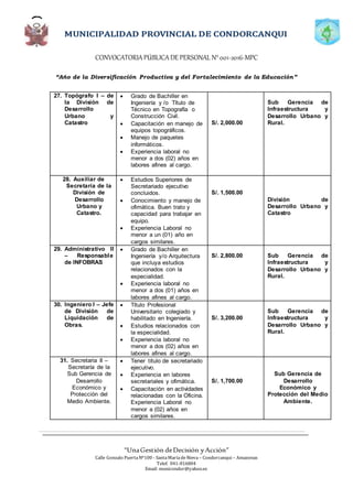 CONVOCATORIAPÚBLICADE PERSONAL N°001-2016-MPC
“Año de la Diversificación Productiva y del Fortalecimiento de la Educación”
“UnaGestión deDecisión yAcción”
Calle Gonzalo PuertaNº100 - SantaMaríadeNieva – Condorcanqui – Amazonas
Telef. 041-816804
Email: municondor@yahoo.es
27. Topógrafo I – de
la División de
Desarrollo
Urbano y
Catastro
 Grado de Bachiller en
Ingeniería y /o Título de
Técnico en Topografía o
Construcción Civil.
 Capacitación en manejo de
equipos topográficos.
 Manejo de paquetes
informáticos.
 Experiencia laboral no
menor a dos (02) años en
labores afines al cargo.
S/. 2,000.00
Sub Gerencia de
Infraestructura y
Desarrollo Urbano y
Rural.
28. Auxiliar de
Secretaría de la
División de
Desarrollo
Urbano y
Catastro.
 Estudios Superiores de
Secretariado ejecutivo
concluidos.
 Conocimiento y manejo de
ofimática. Buen trato y
capacidad para trabajar en
equipo.
 Experiencia Laboral no
menor a un (01) año en
cargos similares.
S/. 1,500.00
División de
Desarrollo Urbano y
Catastro
29. Administrativo II
– Responsable
de INFOBRAS
 Grado de Bachiller en
Ingeniería y/o Arquitectura
que incluya estudios
relacionados con la
especialidad.
 Experiencia laboral no
menor a dos (01) años en
labores afines al cargo.
S/. 2,800.00 Sub Gerencia de
Infraestructura y
Desarrollo Urbano y
Rural.
30. Ingeniero I – Jefe
de División de
Liquidación de
Obras.
 Título Profesional
Universitario colegiado y
habilitado en Ingeniería.
 Estudios relacionados con
la especialidad.
 Experiencia laboral no
menor a dos (02) años en
labores afines al cargo.
S/. 3,200.00
Sub Gerencia de
Infraestructura y
Desarrollo Urbano y
Rural.
31. Secretaria II –
Secretaría de la
Sub Gerencia de
Desarrollo
Económico y
Protección del
Medio Ambiente.
 Tener título de secretariado
ejecutivo.
 Experiencia en labores
secretariales y ofimática.
 Capacitación en actividades
relacionadas con la Oficina.
Experiencia Laboral no
menor a (02) años en
cargos similares.
S/. 1,700.00
Sub Gerencia de
Desarrollo
Económico y
Protección del Medio
Ambiente.
 