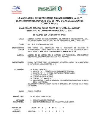 Afiliado a

LA ASOCIACION DE NATACION DE AGUASCALIENTES, A. C. Y
EL INSTITUTO DEL DEPORTE DEL ESTADO DE AGUASCALIENTES
CONVOCAN AL:
CAMPEONATO ESTATAL CURSO CORTO 2013 “COPA CALAVERAS”
SELECTIVO AL CAMPEONATO NACIONAL CC 2013
DE ACUERDO CON LAS SIGUIENTES BASES:
LUGAR:

ALBERCA OLIMPICA DE CIUDAD DEPORTIVA DEL ESTADO DE AGUASCALIENTES, AGS.,
UBICADA EN AVENIDA ADOLFO LOPEZ MATEOS #1610 ORIENTE, FRACC. BONA GENS

FECHA:

DEL 1 AL 3 DE NOVIEMBRE DEL 2013.

ORGANIZACIÓN Y
SANCIÓN

ESTE EVENTO SERÁ ORGANIZADO POR LA ASOCIACION DE NATACION DE
AGUASCALIENTES, CON EL APOYO DE EL INSTITUTO DEL ESTADO DE AGUASCALIENTES
(IDEA), Y CON EL AVAL DE LA FEDERACION MEXICANA DE NATACION.

ALBERCA:

ALBERCA DE 25 METROS CON 8 CARRILES ANTI-TURBULENCIA, CRONOMETRAJE
ELECTRÓNICO, PROGRAMA MEET MANAGER PARA WINDOWS.

PARTICIPANTES:

PODRAN PARTICIPAR TODOS LOS NADADORES AFILIADOS A LA FMN Y A LA ASOCIACION
DE NATACION DE AGUASCALIENTES, A. C.

CATEGORÍAS:

8 AÑOS Y MENORES
INFANTIL “A” (9 Y 10 AÑOS) (PUNTUACION POR SEPARADO)
INFANTIL “B” (11 Y 12 AÑOS) (PUNTUACION POR SEPARADO)
JUVENIL “A” (13 Y 14 AÑOS)
JUVENIL “B” (15 Y 16 AÑOS)
JUVENIL (17 Y MAYORES)
LA CATEGORÍA ESTARÁ DETERMINADA POR LA EDAD DEL COMPETIDOR AL INICIO
DE LA COMPETENCIA.
(SOLO PODRAN PARTICIPAR EN UN MAXIMO DE 8 PRUEBAS). 8 Y MENORES NADAN TODAS
LAS PRUEBAS.

RAMAS:









FEMENIL Y VARONIL

TIEMPOS TOPE:

 NO HABRA TIEMPOS TOPE.

SISTEMA DE
COMPETENCIA:




PUNTUACION
PARA
JUVENILES:

SERÁN FINALES CONTRA RELOJ
LOS HEATS SE SEMBRARAN DEL MAS LENTO AL MÁS RAPIDO.

LUGAR:

1º

INDIVIDUAL:

9

2
°
7

3
°
6

4
°
5

5º

6°

4

3

7
°
2

8º
1

 