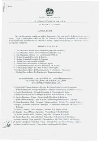 Convocatória do Governo Provincial da Huíla para reunião