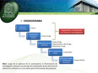 Una Universidad investigadora, innovadora y humanista al servicio de las regiones y del país


                        CRONOGRAMA

                      Apertura
                                    • 22 jun
                    convocatoria
                                                                                    Capacitación e interacción
                                                                                   con Centros e Investigadores
                                   Presentación
                                    proyectos a       • Hasta 16 Ago
                                      Centros

                                                                       • Hasta 29 Ago
                                                  Publicación lista de
                                                                       • Observaciones: 30 y 31 Ago
                                                      admitidos
                                                                       • Respuestas: 4 sept


                                                                  Cierre evaluación
                                                                                    • Hasta 8 Oct
                                                                        Pares

                                                                                  Selección Jurado
                                                                                   y publicación   • Hasta 29 Oct
                                                                                     resultados
Nota: Luego de la apertura de la convocatoria, la Vicerrectoría de
Investigación realizará una jornada de socialización de los términos de
referencia y ofrecerá un curso-taller para la formulación de proyectos.
 