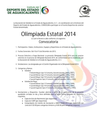 La Asociación de Voleibol en el Estado de Aguascalientes, A. C., en coordinación con el Instituto del
Deporte del Estado d...