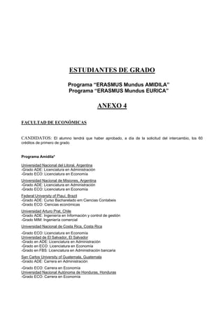 ESTUDIANTES DE GRADO
Programa “ERASMUS Mundus AMIDILA”
Programa “ERASMUS Mundus EURICA”
ANEXO 4
FACULTAD DE ECONÓMICAS
CAN...