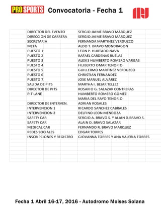 DIRECTOR DEL EVENTO SERGIO JAIME BRAVO MARQUEZ
DIRECCION DE CARRERA SERGIO JAIME BRAVO MARQUEZ
SECRETARIA FERNANDA MARTINEZ VERDUZCO
META ALDO T. BRAVO MONDRAGON
PUESTO 1 LEON P. HURTADO NAVA
PUESTO 2 RAFAEL CARDENAS RUELAS
PUESTO 3 ALEXIS HUMBERTO ROMERO VARGAS
PUESTO 4 FILIBERTO OMAR TENORIO
PUESTO 5 GUILLERMO MARTINEZ VERDUZCO
PUESTO 6 CHRISTIAN FERNANDEZ
PUESTO 7 JOSE MANUEL ALVAREZ
SALIDA DE PITS MARTHA I. BEJAR TELLEZ
DIRECTOR DE PITS ROSARIO G. SALAZAR CONTRERAS
PIT LANE HUMBERTO ROMERO GOMEZ
MARIA DEL RAYO TENORIO
DIRECTOR DE INTERVEN. ADRIAN ROSALES
INTERVENCION 1 RICARDO SANCHEZ CABRALES
INTERVENCION 2 DELFINO LEON MENDOZA
SAFETY CAR SERGIO A. BRAVO S. Y ALAIN D.BRAVO S.
SAFETY CAR ALAIN D. BRAVO SALAZAR
MEDICAL CAR FERNANDO R. BRAVO MARQUEZ
REDES SOCIALES EDGAR TORRES
INSCRIPCIONES Y REGISTRO GIOVANNA TORRES Y ANA VALERIA TORRES
 