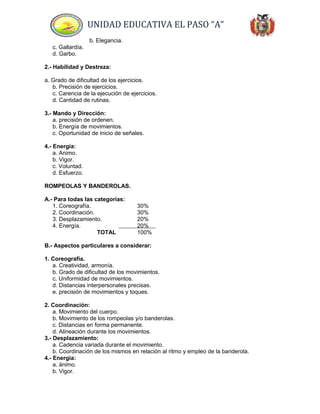UNIDAD EDUCATIVA EL PASO “A”
b. Elegancia.
c. Gallardía.
d. Garbo.
2.- Habilidad y Destreza:
a. Grado de dificultad de los ejercicios.
b. Precisión de ejercicios.
c. Carencia de la ejecución de ejercicios.
d. Cantidad de rutinas.
3.- Mando y Dirección:
a. precisión de ordenen.
b. Energía de movimientos.
c. Oportunidad de inicio de señales.
4.- Energía:
a. Animo.
b. Vigor.
c. Voluntad.
d. Esfuerzo.
ROMPEOLAS Y BANDEROLAS.
A.- Para todas las categorías:
1. Coreografía. 30%
2. Coordinación. 30%
3. Desplazamiento. 20%
4. Energía. 20%
TOTAL 100%
B.- Aspectos particulares a considerar:
1. Coreografía.
a. Creatividad, armonía.
b. Grado de dificultad de los movimientos.
c. Uniformidad de movimientos.
d. Distancias interpersonales precisas.
e. precisión de movimientos y toques.
2. Coordinación:
a. Movimiento del cuerpo.
b. Movimiento de los rompeolas y/o banderolas.
c. Distancias en forma permanente.
d. Alineación durante los movimientos.
3.- Desplazamiento:
a. Cadencia variada durante el movimiento.
b. Coordinación de los mismos en relación al ritmo y empleo de la banderola.
4.- Energía:
a. ánimo.
b. Vigor.
 