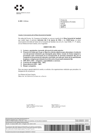 SERVICIO CANARIO DE LA SALUD
DIRECCIÓN
N. REF.: CGS/asa
Asunto: Convocatoria de la Mesa Sectorial de Sanidad
De orden del ...