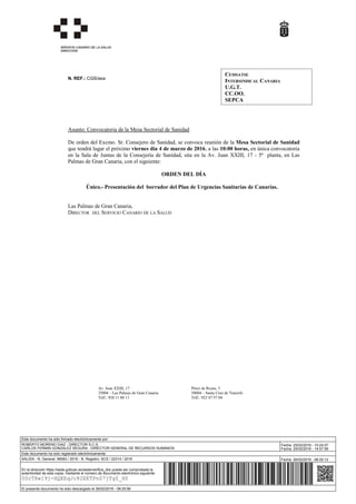 SERVICIO CANARIO DE LA SALUD
DIRECCIÓN
N. REF.: CGS/asa
Asunto: Convocatoria de la Mesa Sectorial de Sanidad
De orden del ...