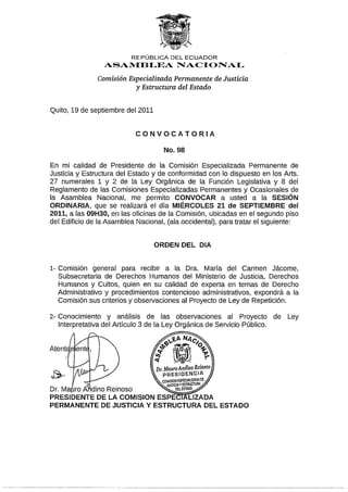 Convocatoria no.98 Comisión de Justicia y Estructura del Estado 21 09 2011
