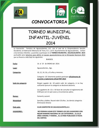 CONVOCATORIA
TORNEO MUNICIPAL
INFANTIL-JUVENIL
2014
La Asociación Tenística de Aguascalientes, A.C. con el aval de la Vicepresidencia Sección
Occidente, la Federación Mexicana de Tenis, A.C. y el H. Ayuntamiento de Aguascalientes, invitan
a los tenistas infantiles y juveniles a participar en el TORNEO MUNICIPAL AGUASCALIENTES 2014
puntuable para Selectivo para definir el equipo aguascalentense de la Olimpiada Nacional 2014
que se llevará a cabo bajo las siguientes:
BASES
Fecha:

16 al 19 de ENERO del 2014.

Lugar:

Aguascalientes , Ags.

Categorías:

10, 12, 14, 16, y 21 años y menores.
Categoría ­10: Solamente podrán participar oficialmente de
acuerdo a reglamento oficial FMT 2014

Subir de categoría:

Ningún jugador de ­10 podrá subir de categoría, si no hay
suficiente quorum la categoría se declarará desierta.
Los jugadores de ­12 a ­16 favor de consultar el reglamento del
CCM para ver en qué casos y circunstancias aplica.

Ramas:

Femenil y varonil.

Modalidad:

Sencillos y dobles. Round robin 10 años , las demás categorías
Eliminacion directa

Club sede:

CLUB CAMPESTRE DE AGUASCALIENTES,A.C.

JUGADORES :

NO PODRAN JUGAR ESTE TORNEO LOS SEIS JUGADORES CON
MEJOR RANKING NACIONAL DE LAS CATEGORIAS , 12,14,16
AÑOS VARONIL Y FEMENIL , AL ULTIMO PUBLICADO A FECHA
DEL SORTEO.

 