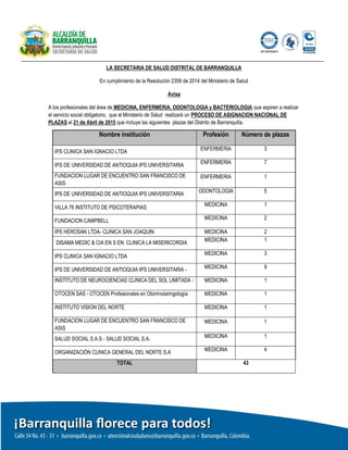 LA SECRETARIA DE SALUD DISTRITAL DE BARRANQUILLA
En cumplimiento de la Resolución 2358 de 2014 del Ministerio de Salud
Avisa
A los profesionales del área de MEDICINA, ENFERMERIA, ODONTOLOGIA y BACTERIOLOGIA que aspiren a realizar
el servicio social obligatorio, que el Ministerio de Salud realizará un PROCESO DE ASIGNACION NACIONAL DE
PLAZAS el 21 de Abril de 2015 que incluye las siguientes plazas del Distrito de Barranquilla.
Nombre institución Profesión Número de plazas
IPS CLINICA SAN IGNACIO LTDA
ENFERMERIA 3
IPS DE UNIVERSIDAD DE ANTIOQUIA IPS UNIVERSITARIA ENFERMERIA 7
FUNDACION LUGAR DE ENCUENTRO SAN FRANCISCO DE
ASIS
ENFERMERIA 1
IPS DE UNIVERSIDAD DE ANTIOQUIA IPS UNIVERSITARIA
ODONTOLOGIA 5
VILLA 76 INSTITUTO DE PSICOTERAPIAS
MEDICINA 1
FUNDACION CAMPBELL
MEDICINA 2
IPS HEROSAN LTDA- CLINICA SAN JOAQUIN MEDICINA 2
DISAMA MEDIC & CIA EN S EN CLINICA LA MISERICORDIA
MEDICINA 1
IPS CLINICA SAN IGNACIO LTDA
MEDICINA 3
IPS DE UNIVERSIDAD DE ANTIOQUIA IPS UNIVERSITARIA - MEDICINA 9
INSTITUTO DE NEUROCIENCIAS CLINICA DEL SOL LIMITADA - MEDICINA 1
OTOCEN SAS - OTOCEN Profesionales en Otorrinolaringología MEDICINA 1
INSTITUTO VISION DEL NORTE MEDICINA 1
FUNDACION LUGAR DE ENCUENTRO SAN FRANCISCO DE
ASIS
MEDICINA 1
SALUD SOCIAL S.A.S - SALUD SOCIAL S.A. MEDICINA 1
ORGANIZACIÓN CLINICA GENERAL DEL NORTE S.A MEDICINA 4
TOTAL 43
 