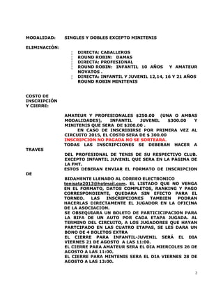2
MODALIDAD: SINGLES Y DOBLES EXCEPTO MINITENIS
ELIMINACIÓN:
 DIRECTA: CABALLEROS
 ROUND ROBIN: DAMAS
 DIRECTA: PROFESI...