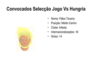 Convocados Selecção Jogo Vs Hungria
                  •   Nome: Fábio Taveira
                  •   Posição: Médio Centro
                  •   Clube: Infesta
                  •   Internacionalizações: 18
                  •   Golos: 14
 