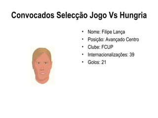 Convocados Selecção Jogo Vs Hungria
                  •   Nome: Filipe Lança
                  •   Posição: Avançado Centro
                  •   Clube: FCUP
                  •   Internacionalizações: 39
                  •   Golos: 21
 