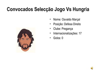 Convocados Selecção Jogo Vs Hungria
                  •   Nome: Osvaldo Marçal
                  •   Posição: Defesa Direito
                  •   Clube: Pregança
                  •   Internacionalizações: 17
                  •   Golos: 0
 