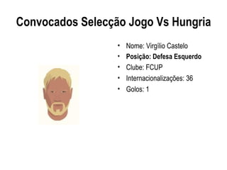 Convocados Selecção Jogo Vs Hungria
                  •   Nome: Virgílio Castelo
                  •   Posição: Defesa Esquerdo
                  •   Clube: FCUP
                  •   Internacionalizações: 36
                  •   Golos: 1
 