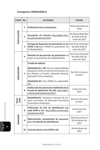 14
MinisteriodeEducación
PROHIBIDA SU VENTA
Cronograma: MODALIDAD B
ETAPA No. ACTIVIDAD FECHAS
POSTULACIÓN
1 Publicación de la convocatoria
04 de diciembre de
2016
2
Inscripción vía internet http://dgfm.mine-
du.gob.bo/admision2017
Del 06 de diciembre
de 2016 al 05 de
enero de 2017
3
Entrega de Requisitos de postulación en las
ESFM o UA (para TODOS los postulantes de
la Modalidad B).
Del 07 de diciembre
de 2016 al 06 de
enero de 2017
HABILITACIÓN
4
Revisión de documentos de postulación de
todos los postulantes de la Modalidad B.
Del 07 de diciembre
de 2016 al 07 de
enero de 2017
5
Prueba de Aptitud
Modalidad B1 y B2: Para las especialidades:
Educación Inicial en Familia Comunitaria, Ar-
tes Plásticas y Visuales, Educación Musical,
Educación Física y Deportes.
Modalidad B3: Para TODAS las especialida-
des.
Del 09 al 13 enero
de 2017
6
Publicación de postulantes habilitados de la
Prueba de Aptitud B1, B2 y B3. http://dgfm.
minedu.gob.bo/admision2017
15 de enero de
2017
SELEC-
CIÓN
7
Modalidad B1: Cómputo y selección de ma-
yores promedios de Educación Secundaria
Comunitaria Productiva.
Del 16 al 18 enero
de 2017
ADMISIÓN
8
Publicación de lista de admitidas/os por
cada ESFM y UA. http://dgfm.minedu.gob.
bo/admision2017
25 de enero de
2017
9
Matriculación, presentación de documen-
tos e inscripción de admitidas/os.
Del 26 de enero al
03 de febrero de
2017
10 Inicio de clases en las ESFM y UA.
06 de febrero de
2017
 