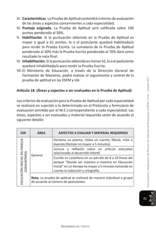 31
ConvocatoriayReglamentodelProcesodeAdmisióndePostulantesaESFMyUAs–Gestión2017
PROHIBIDA SU VENTA
III.	 Características. La Prueba de Aptitud contendrá criterios de evaluación
de las áreas y aspectos concernientes a cada especialidad.
IV.	 Puntaje asignado. La Prueba de Aptitud será calificada sobre 100
puntos ponderado al 30%.
V.	 Habilitación. Si la puntuación obtenida en la Prueba de Aptitud es
mayor o igual a 61 puntos, la o el postulante quedará Habilitada/o
para rendir la Prueba Escrita. La sumatoria de la Prueba de Aptitud
ponderado al 30% más la Prueba Escrita ponderado al 70% dará como
resultado la nota final.
VI.	Inhabilitación.Silapuntuaciónobtenidaesmenor61,laoelpostulante
quedará Inhabilitada/o para rendir la Prueba Escrita.
VII.	El Ministerio de Educación, a través de la Dirección General de
Formación de Maestros, podrá realizar el seguimiento y control de la
prueba de aptitud en las ESFM y UA.
Artículo 18. (Áreas y aspectos a ser evaluados en la Prueba de Aptitud)
Los criterios de evaluación para la Prueba de Aptitud por cada especialidad
se realizará en sujeción a lo determinado en el Protocolo y formulario de
evaluación (emitido por el M.E.) correspondiente a cada especialidad. Las
áreas, aspectos a ser evaluados y material requerido serán de acuerdo al
siguiente detalle:
ESP. ÁREA ASPECTOS A EVALUAR Y MATERIAL REQUERIDO
EDUCACIÓNINICIALENFAMILIA
COMUNITARIA
General
Declama un poema, relata un cuento, fábula, mito o
leyenda (tiempo no mayor a 5 minutos)
Lectura y reflexión sobre un artículo educativo
relacionado al desarrollo infantil.
Escribe en castellano en un párrafo de 8 a 10 líneas del
porque “Decido ser maestra o maestro en Educación
Inicial” en un tiempo no mayor a 5 minutos tomando en
cuenta la redacción y ortografía.
Nota. La prueba de aptitud se realizará de manera individual o grupal
de acuerdo al número de postulantes.
 