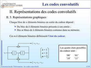 Les codes convolutifs
            II. Représentations des codes convolutifs
         II. 3. Représentations graphiques
            Chaque bloc de n éléments binaires en sortie du codeur dépend :
                   Du bloc de k éléments binaires présents à son entrée ;
                   Des m blocs de k éléments binaires contenus dans sa mémoire.

            Ces m.k éléments binaires définissent l’état du codeur.

                                          x1j s j s j   2


                                                                           Les quatre états possibles
                                                             k=1           du codeur sont :
    sj           e1j         e2
                              j                              n=2
                                                             m=2                 ‘00’    ‘01’
                                                                                 ‘10’    ‘11’
                                          x2 s j s j
                                           j            1   sj   2

Transmission de l’Information : les codes convolutifs                                                   15/89
 