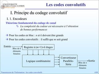 Les codes convolutifs
            I. Principe du codage convolutif
       I. 1. Encodeurs
      Théorème fondamental du codage de canal
              La complexité du codeur est nécessaire à l’obtention
                 de bonnes performances

       Pour les codes en bloc : n et k doivent être grands
       Pour les codes convolutifs : il suffit que m soit grand

   Entrée                    Registre à (m+1) k étages
              Bloc de k
              éléments
              binaires
                                                               Convertisseur
                                Logique combinatoire            Parallèle-                 Sortie
                                                                               Bloc de n
                                                                  Série        éléments
                                                                               binaires

Transmission de l’Information : les codes convolutifs                                           4/89
 