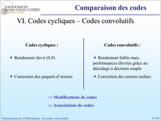 Comparaison des codes
            VI. Codes cycliques – Codes convolutifs


                  Codes cycliques :                                Codes convolutifs :

       Rendement élevé (0,9)                                 Rendement faible mais
                                                             performances élevées grâce au
                                                             décodage à décision souple
       Correction des paquets d’erreurs                      Correction des erreurs isolées



                                         Modifications de codes
                                        Associations de codes

Transmission de l’Information : les codes convolutifs                                           67/89
 